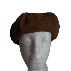 Brown Suede Leather Beret Hat One Size